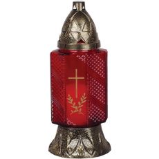 Cenzor de mormânt, sticlă roșie, cu cruce, cupru, 28 h, 80 g, înălțime 24 cm, pentru mormânt