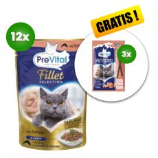 PreVital Fillet Selection Capsule cu somon în sos 12 x 85 g + 3 x recompense GRATUIT 