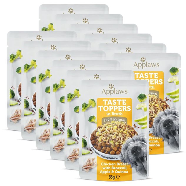 Applaws Dog Taste Toppers în bulion piept de pui, broccoli, măr, quinoa 12 x 85 g