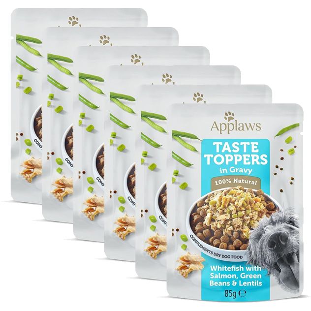 Applaws Dog Taste Toppers in Gravy pește alb, somon, fasole și linte 6 x 85 g