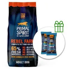 Primal Spirit Dog 65% Rebel Farm pui și pește 12 kg + 2 x recompense GRATUIT