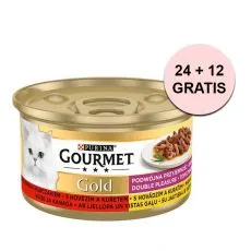 Conservă Gourmet GOLD - bucățele fripte și &icirc;năbușite de vită și pui 85 g, 24+12 buc. GRATUIT