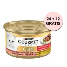 Conservă Gourmet GOLD - bucăți de somon și pui &icirc;n sos 85 g, 24+12 buc. GRATUIT