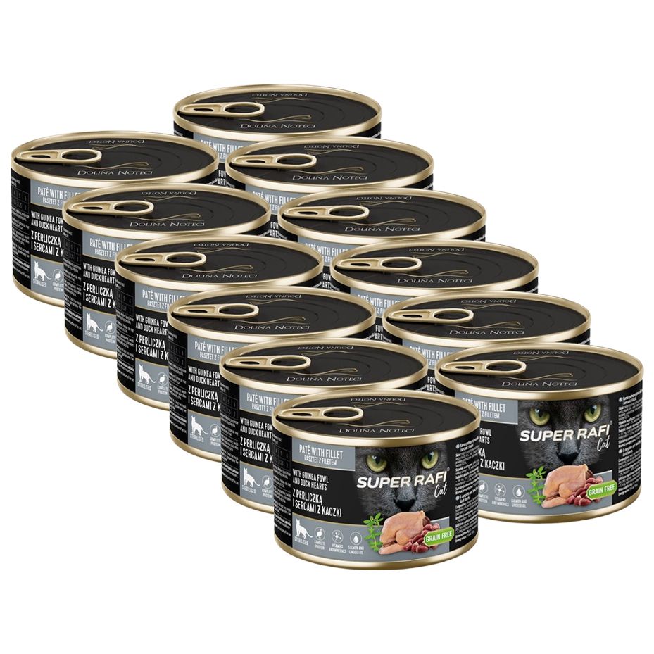 Super Rafi Cat Sterilised P&F Guinea fowl and Duck hearts 12 x 185 g