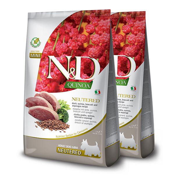 Farmina N&D dog QUINOA (GF) adult mini, sterilizat, rață, brocoli & sparanghel 2 x 7 kg