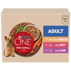 Purina ONE Mini Dog Adult pliculețe pentru c&acirc;ini cu pui, vită și miel &icirc;n sos 10x85 g