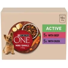 PURINA ONE MINI Dog Active Carne de vită și rață &icirc;n suc 10 x 85 g