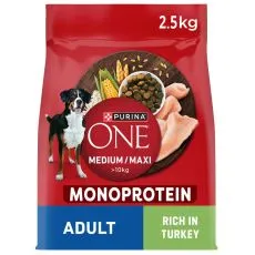 Purina ONE Medium/Maxi Adult Monoprotein granule pentru c&acirc;ini cu curcan 2,5 kg
