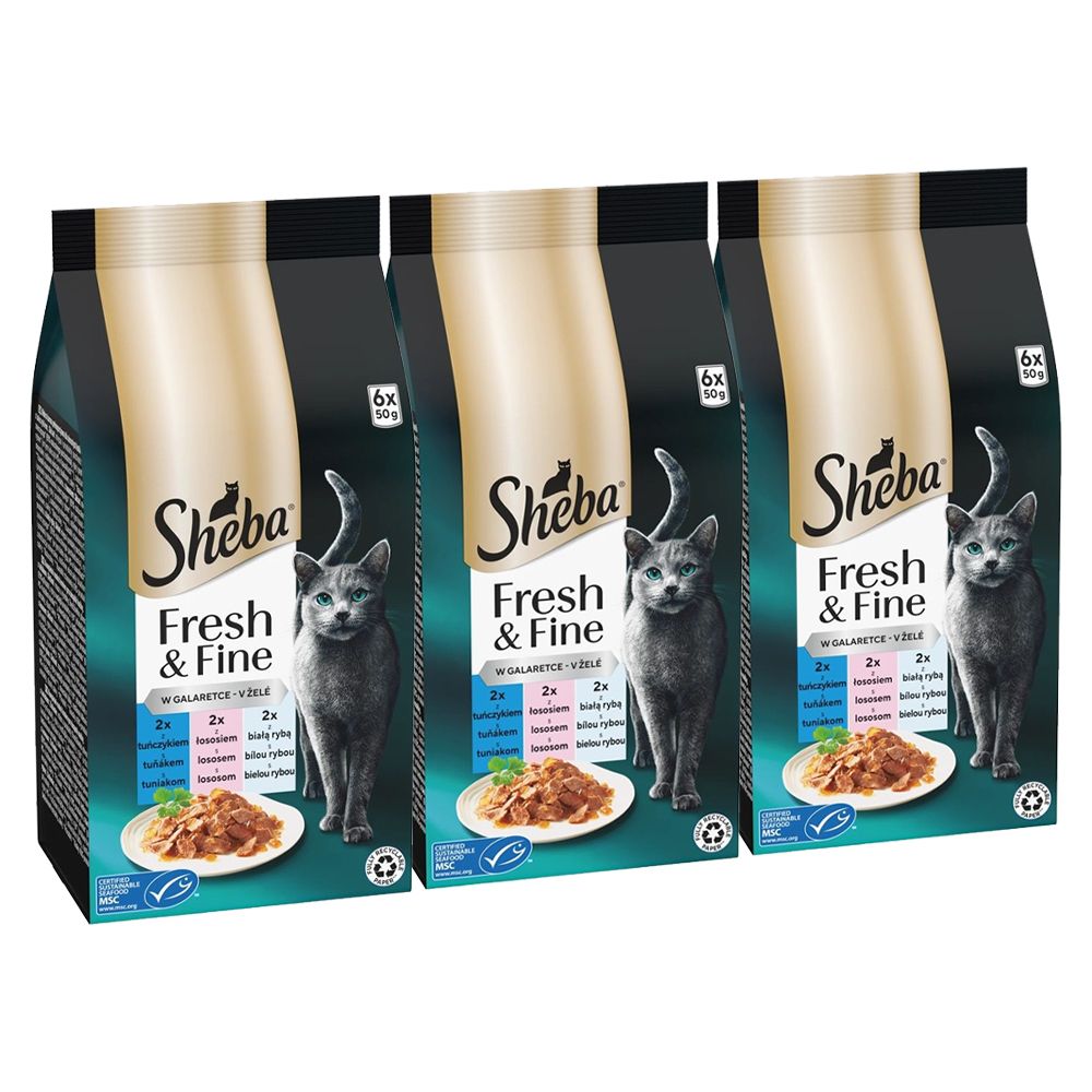 Pliculețe pentru pisici Sheba Fresh & Fine, ton, somon și pește alb 3 x (6x50 g)