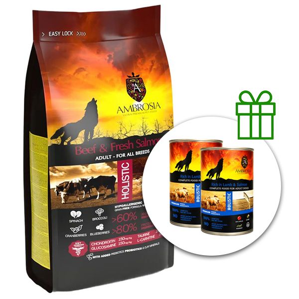 Ambrosia Adult All Breeds Beef & Fresh Salmon 12 kg + 2 conserve GRATUIT