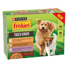 Friskies Tasty Strips pliculețe pentru c&acirc;ini cu pui, curcan, rață &icirc;n sos 12 x 85 g