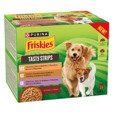 Friskies Tasty Strips pliculețe pentru c&acirc;ini cu pui, curcan, rață &icirc;n sos 24 x 85 g