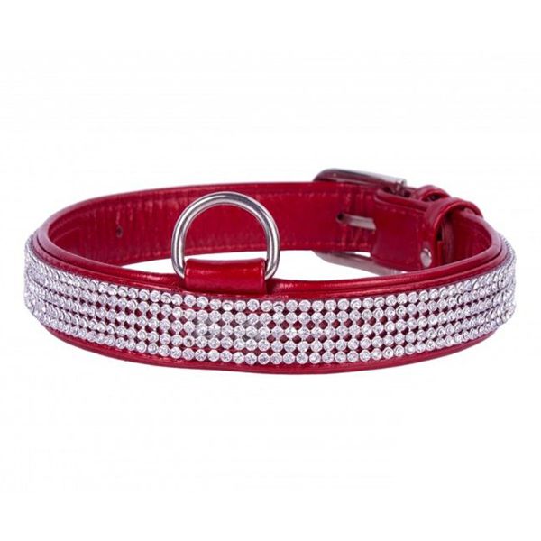 Zgardă din piele lucioasă cu cristale, 30 - 39cm, 20mm - roșie