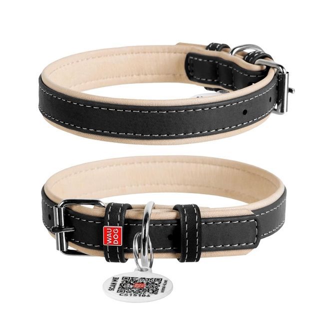 Zgardă din piele Soft pentru câini - 27 - 36cm, 15mm, negru-bej