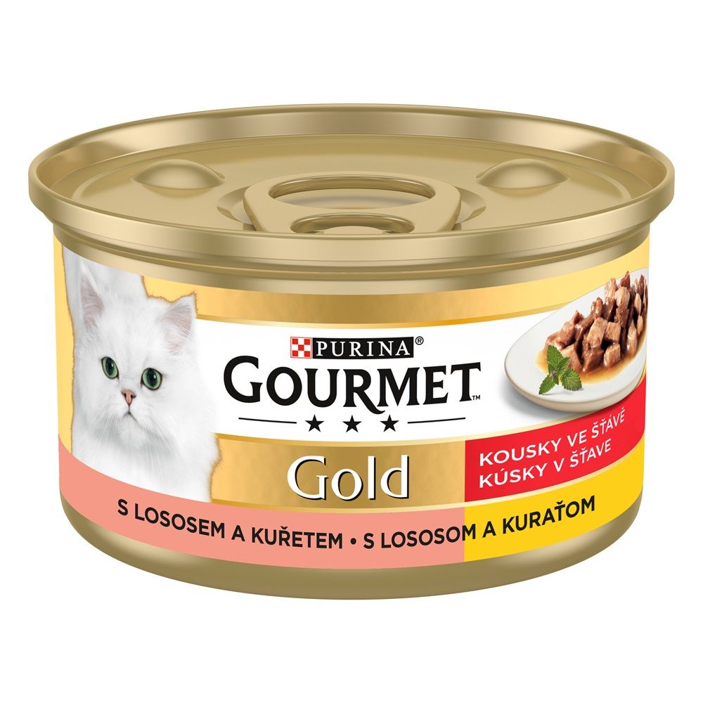 Conservă Gourmet GOLD - bucăți de somon și pui în sos, 85g