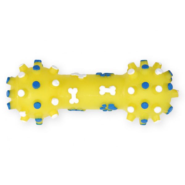Jucărie pentru câini - halteră din vinil cu scârțâitoare, galbenă 12cm