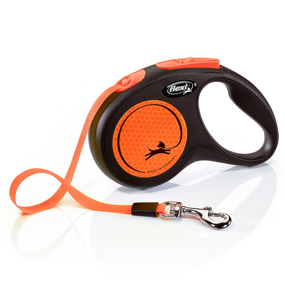 Lesă Flexi NEW NEON S de până la 15kg, cu bandă de 5m– oranj