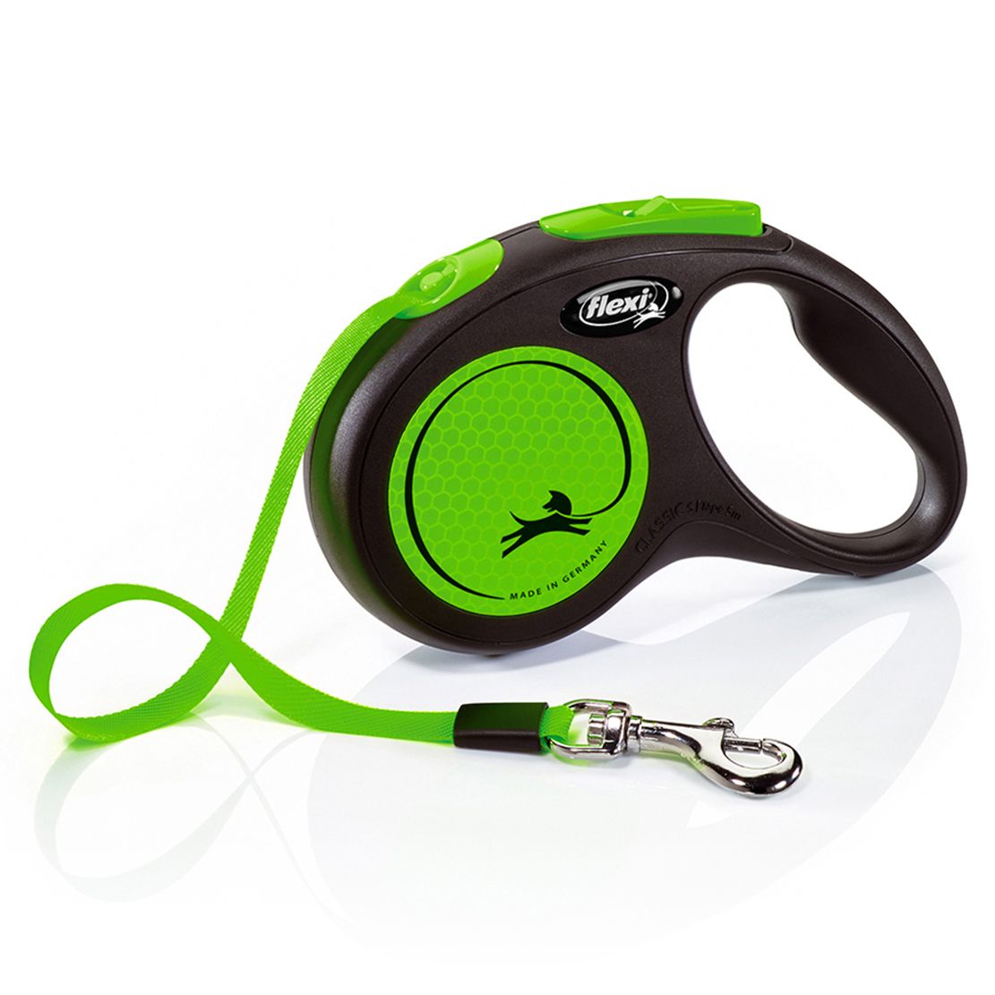 Lesă Flexi NEW NEON S de până la 15kg, cu bandă de 5m– verde