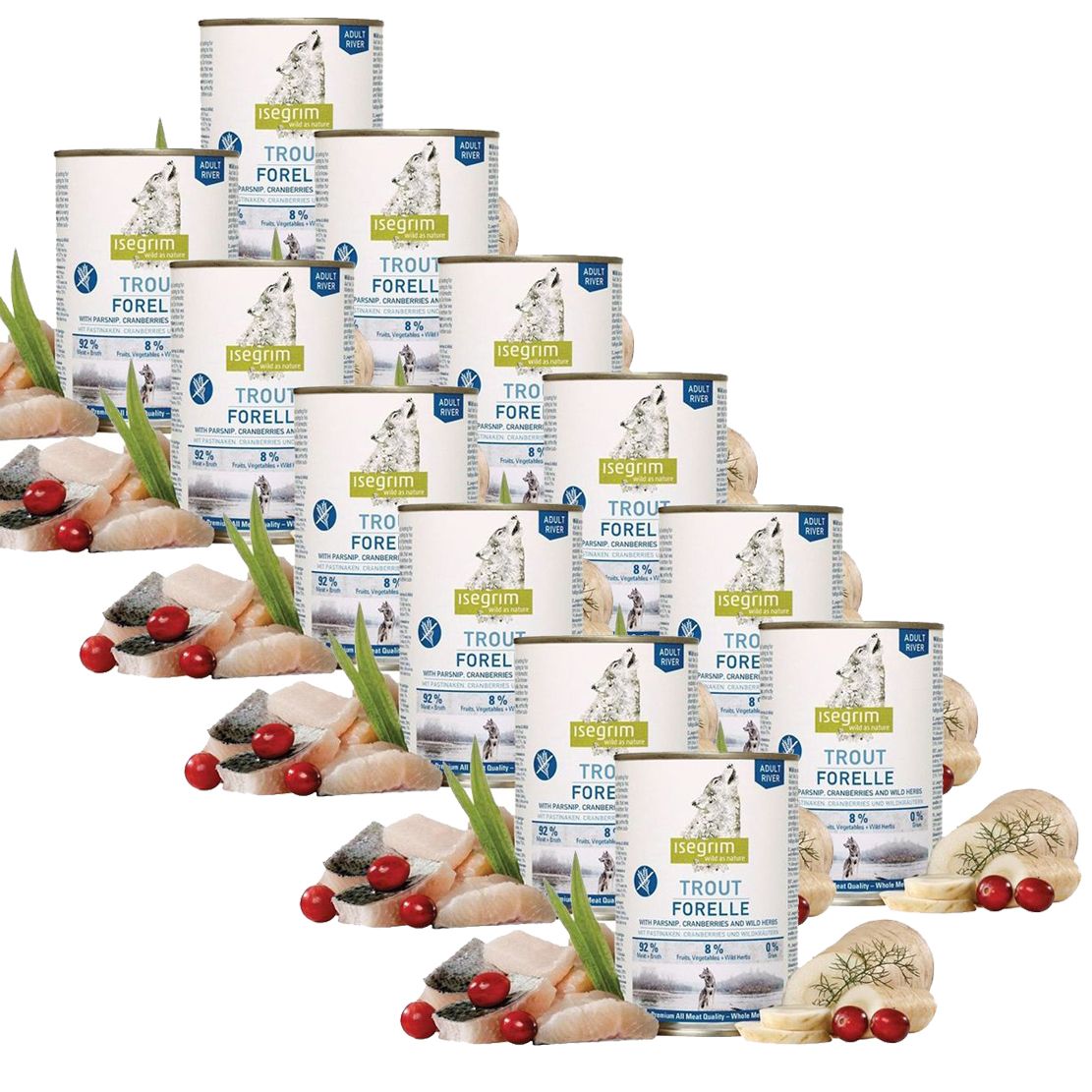 ISEGRIM Adult River: Păstrăv cu păstârnac și merişoare 12 x 800 g