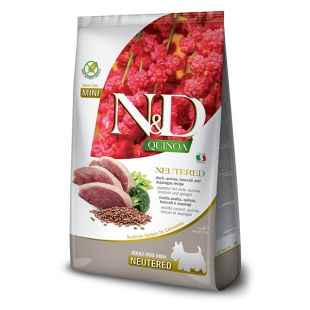 Farmina N&D dog QUINOA (GF) adult mini, sterilizat, rață, brocoli & sparanghel 7 kg