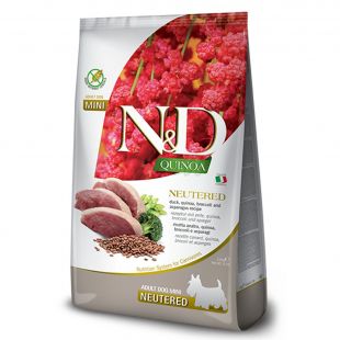 Farmina N&D dog QUINOA (GF) adult mini, sterilizat, rață, brocoli & sparanghel 7 kg