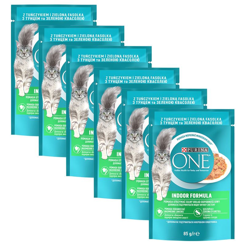 PURINA ONE INDOOR mini filete cu ton și fasole verde în 6 x 85 g de suc propriu