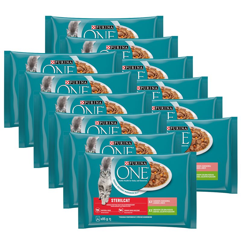 PURINA ONE STERILCAT cu curcan și fasole verde în suc, cu somon și morcovi în suc, 48 x 85 g