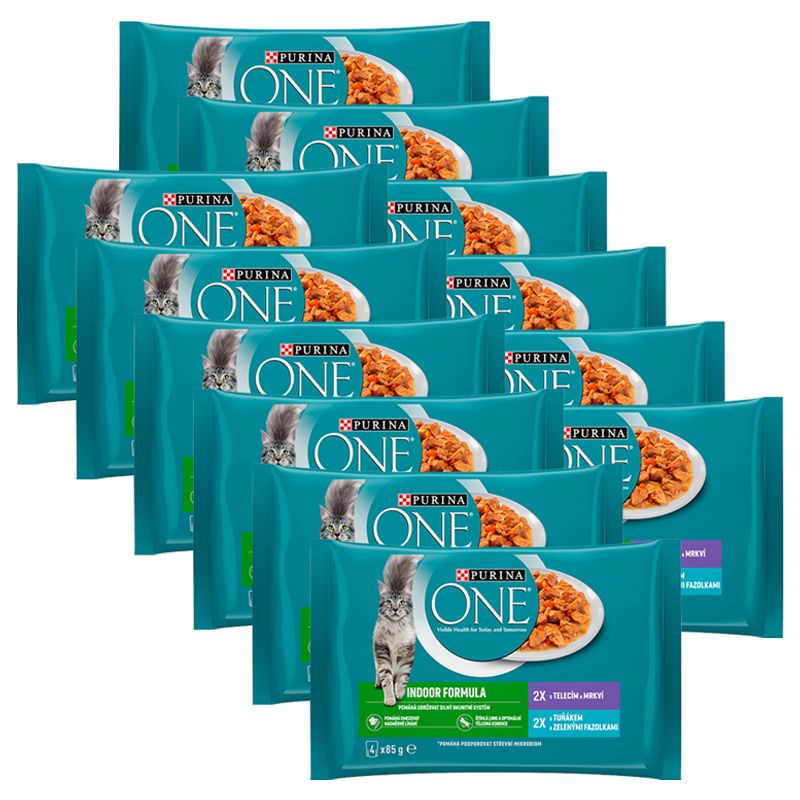 PURINA ONE INDOOR cu ton și fasole verde în suc propriu, cu carne de vițel și morcovi în suc, 48 x 85 g