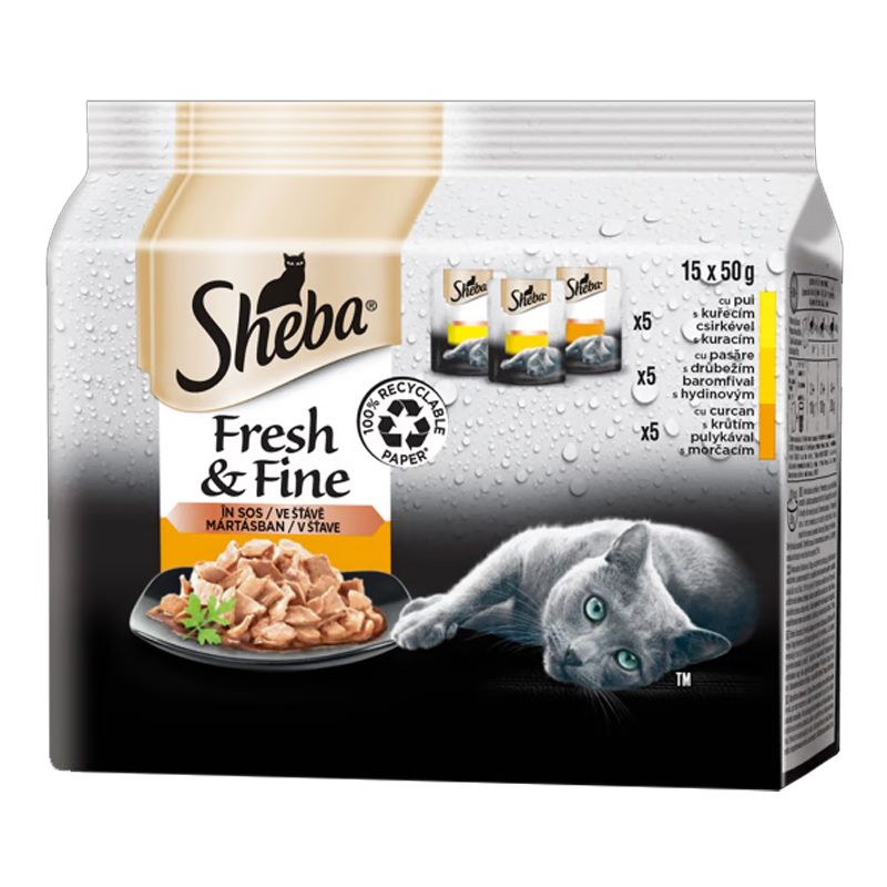 Pliculețe Sheba Fresh & Fine pentru pisici, selecție de pasăre 15 x 50 g