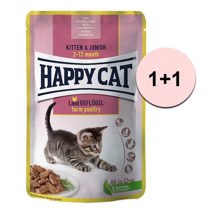 Happy Cat MEAT IN SAUCE Kitten & Junior Land-Geflügel / Poultry 85g 1+1 GRATUIT